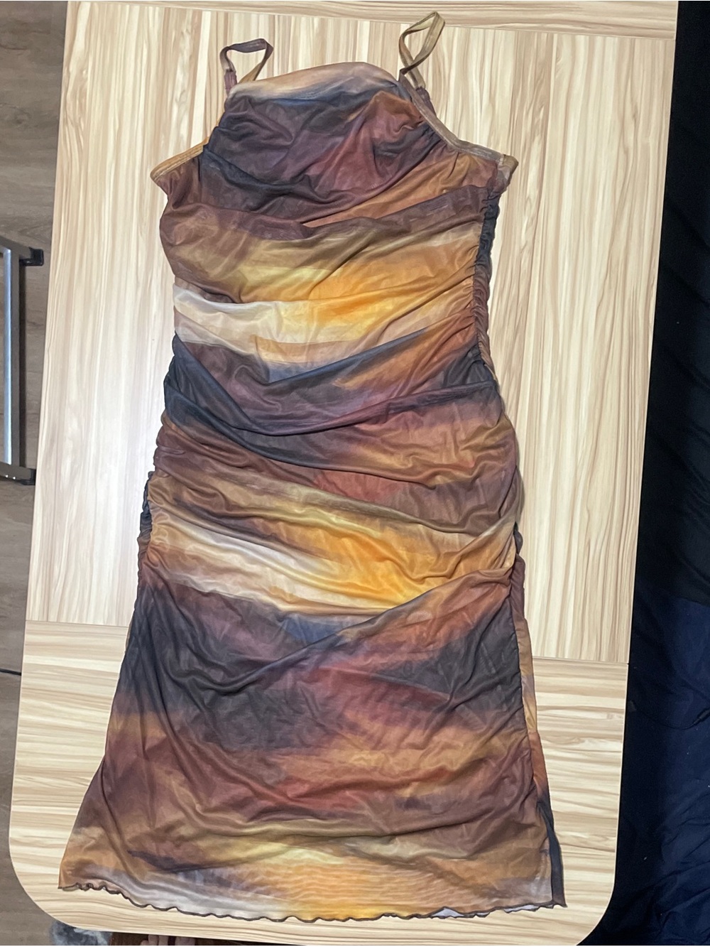 SHEIN Brown Orange Yellow Tie-Dye Ruched Slip Midi Dress